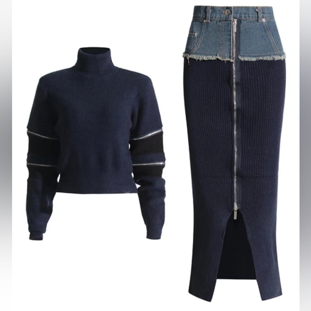 NWOT Knitted Zipper Sweater + Skirt Set